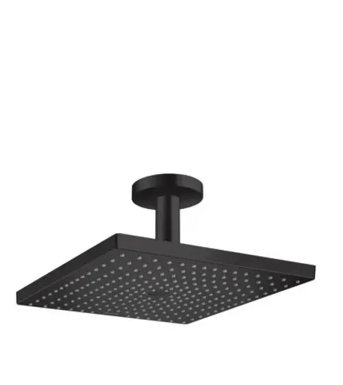 Schwarze Kopfbrause von Hansgrohe mit quadratischem Design und Deckenanschluss. Die Oberfläche ist gleichmäßig mit Auslässen für Wasserstrahlen versehen.